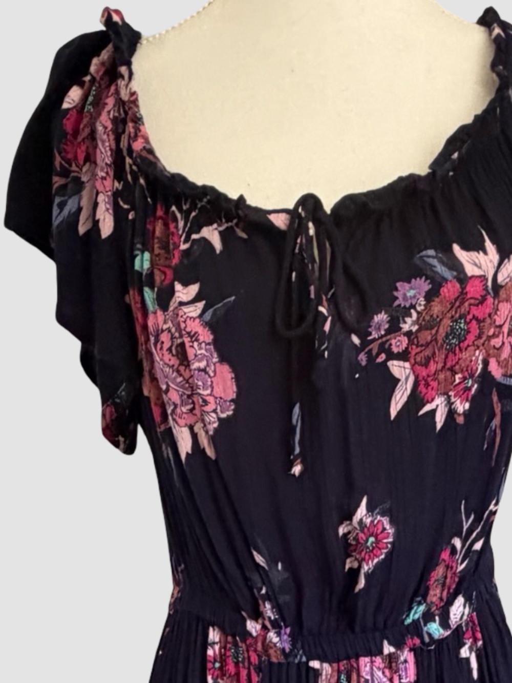 Patrons of Peace Dark Blue Floral Ruffled Sleeve Feminine Casual Midi Dress-Sz-L - Picture 2 of 16